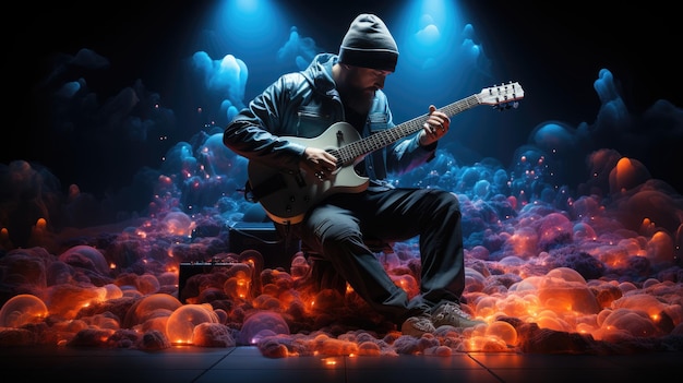 Photo a man playing guitar in a dark room with a blue background.