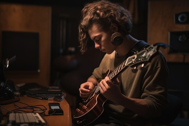 A man playing a guitar in a dark room with a keyboard and a microphone.