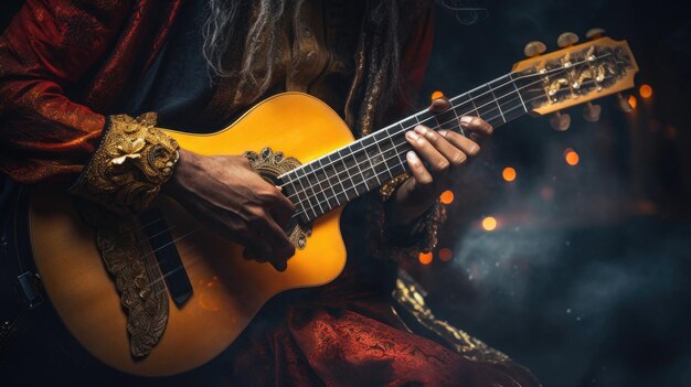 a man playing a guitar in a dark room.