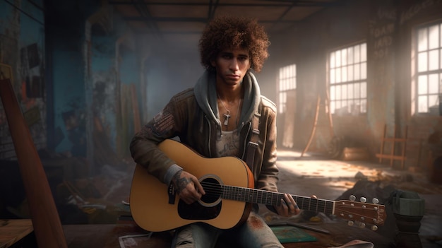 A man playing a guitar in a dark room