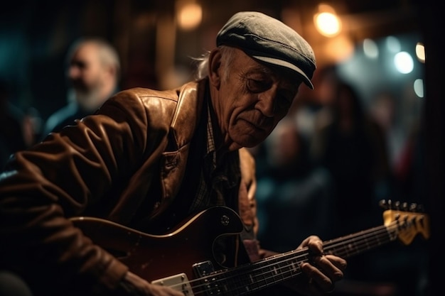 A man playing a guitar in a dark room