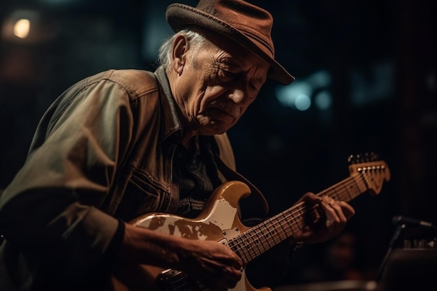 A man playing a guitar in a dark room