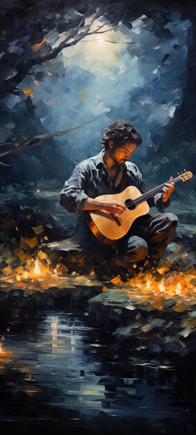 a man playing guitar in the forest