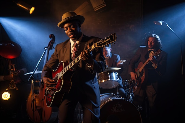 A man playing a guitar in front of a band