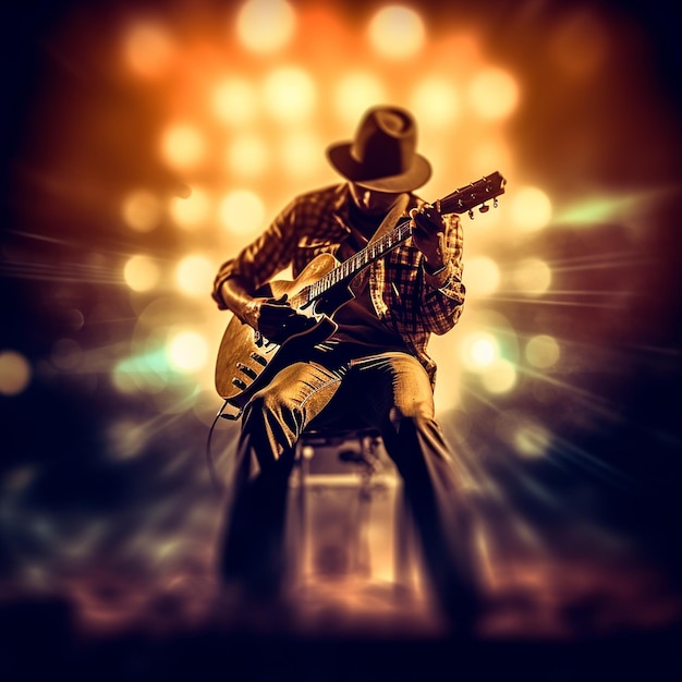 A man playing a guitar in front of a bright background with lights.