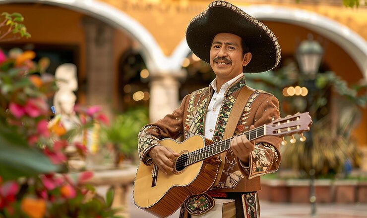 Photo a man playing guitar in front of a building with flowers in the background