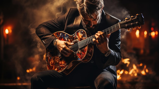 A man playing guitar in front of a fire