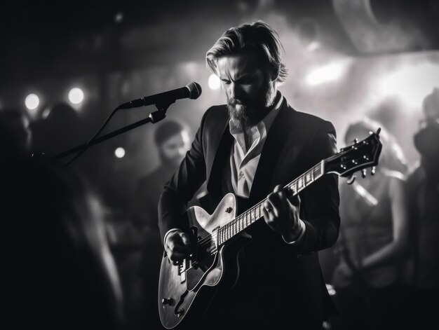 A man playing a guitar in front of a microphone Generative AI image