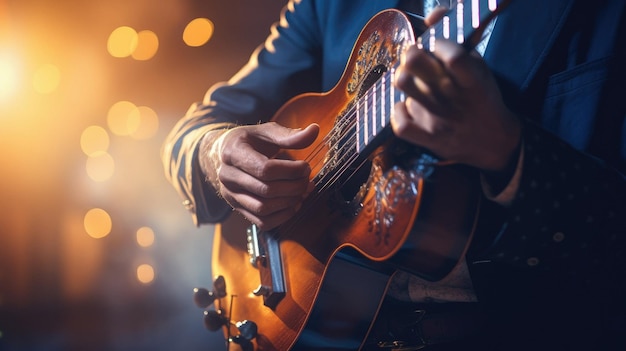 a man playing a guitar in front of a stage with lights behind him.