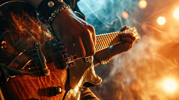 Фото Человек играет на гитаре перед цветным дымом