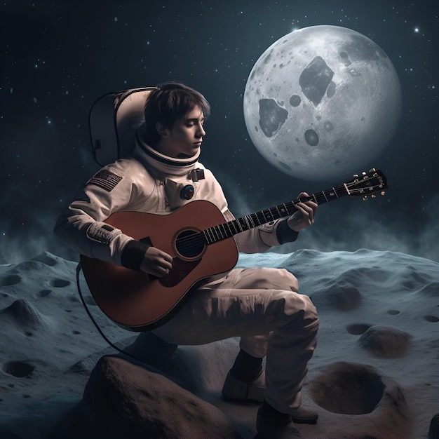 A man playing a guitar on the moon