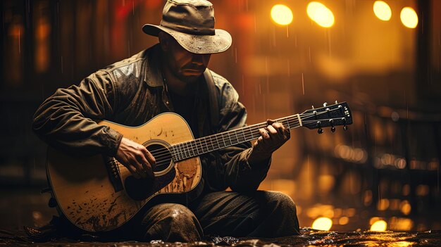 Photo a man playing a guitar in the rain