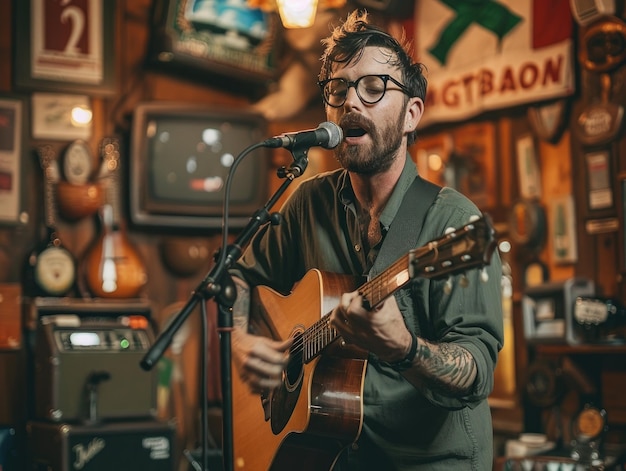 A man playing guitar and singing in a bar