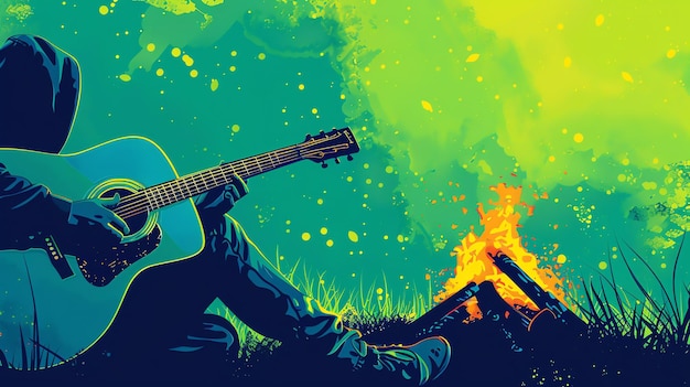 Photo a man playing guitar and singing by the bonfire the background is blurred with a green and yellow gradient the man is in silhouette