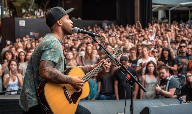 A man playing a guitar on a stage with a crowd in the background