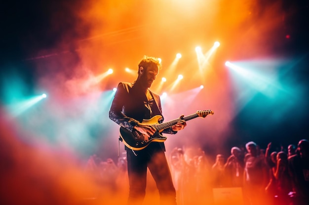 A man playing a guitar on stage with a crowd behind him