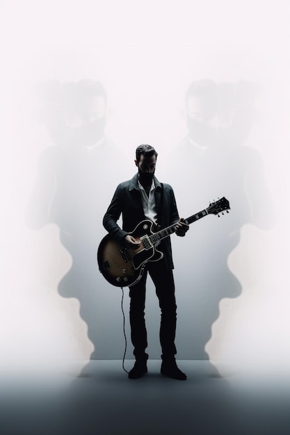 A man playing a guitar on stage with a white background.