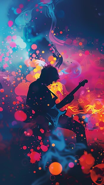 a man playing guitar with a colorful background with a man playing guitar