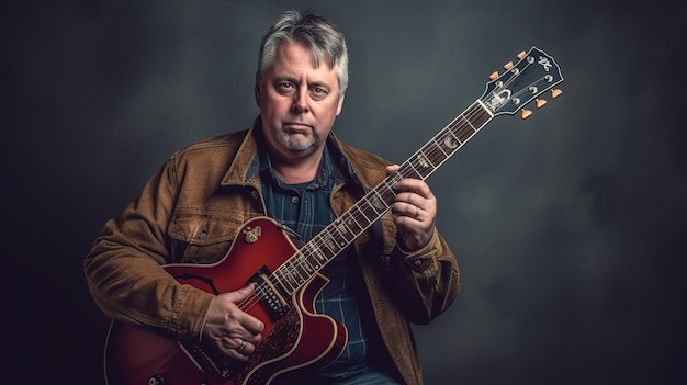 A man playing a guitar with a dark background