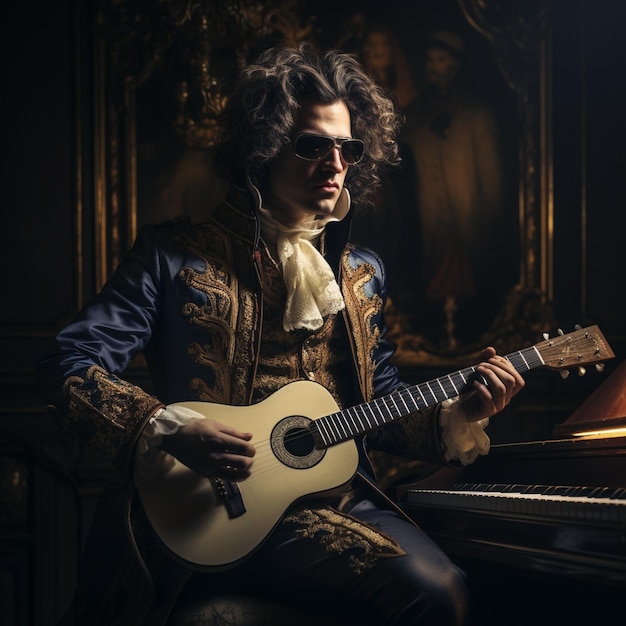 a man playing a guitar with a guitar in front of a fireplace.