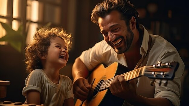 Photo man playing guitar with little girl music lessons and bonding time father day