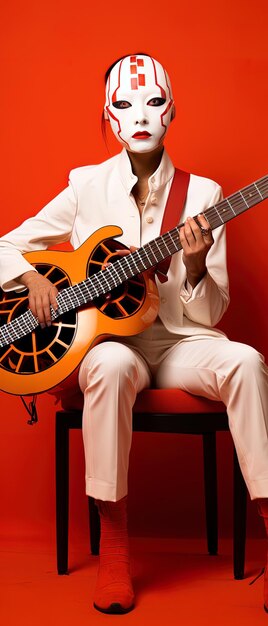 a man playing a guitar with a red background