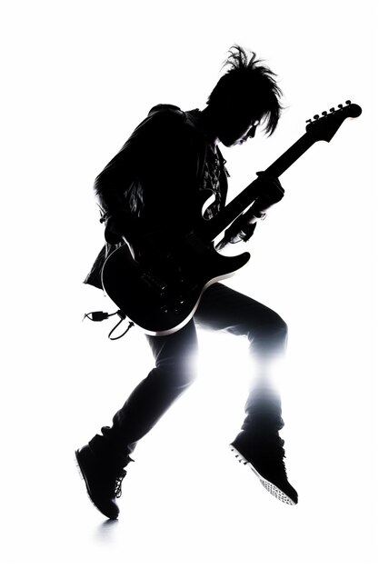 A man playing a guitar with the word rock on it.