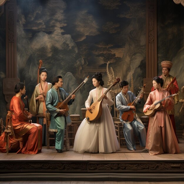 Photo a man playing a guitar and a woman in a dress with a band on the bottom.