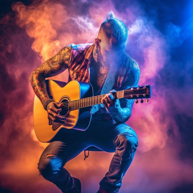 man playing guittar in a show