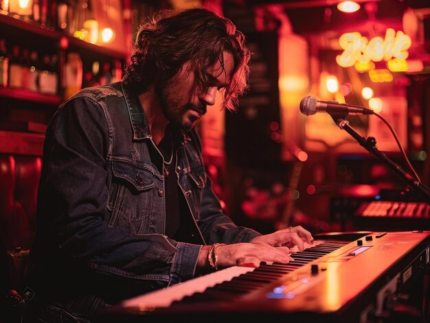 Foto l'uomo che suona la tastiera al bar