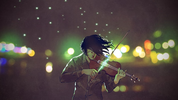 man playing magic violin in a night city outdoor, digital art style, illustration painting