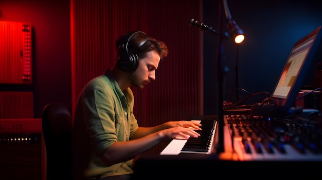 A man playing a piano in a dark room