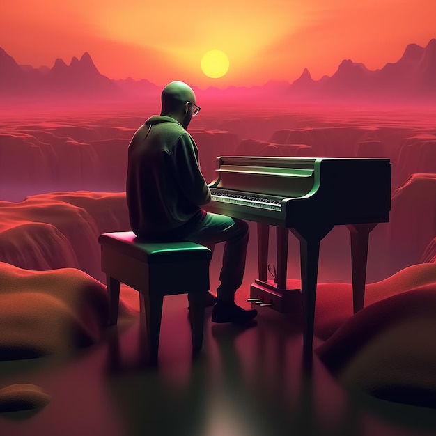 A man playing piano in a desert with a sunset in the background