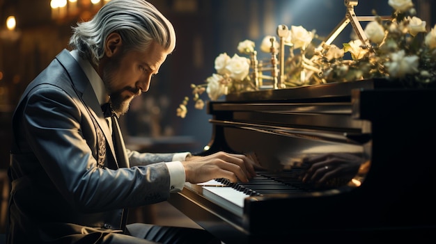 Мужчина играет на пианино в музыкальном зале