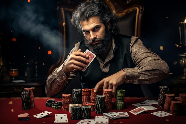 Foto uomo che gioca a poker giocatore di poker del casinò con fiches e carte