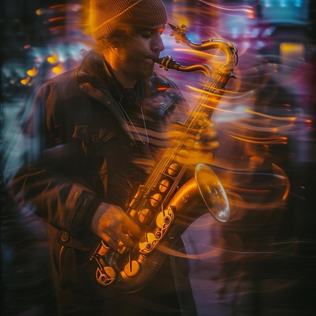 a man playing a saxophone on a city street