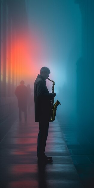 A man playing a saxophone in a foggy night