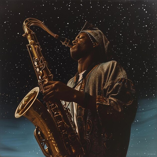 Photo a man playing a saxophone in front of a starry sky