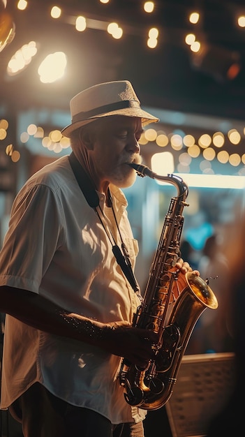 Man playing saxophone on stage AI generated Image