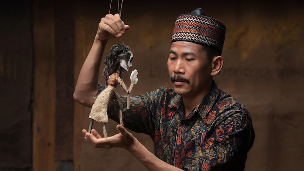 Man playing shadow puppets central javanese traditional arts indonesia