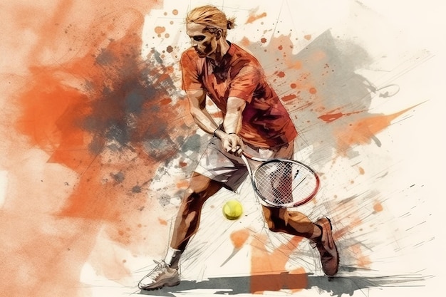 테니스를 치는 남자 프로 테니스 선수의 초상화 수채화
