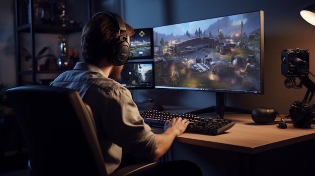 Photo man playing video game on computer monitor