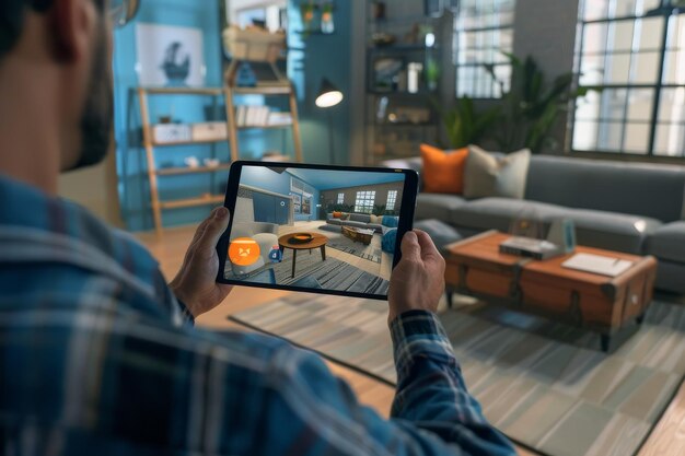 Photo man playing video game on tablet