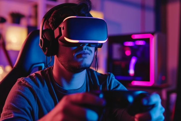 Photo man playing video game with virtual reality headset