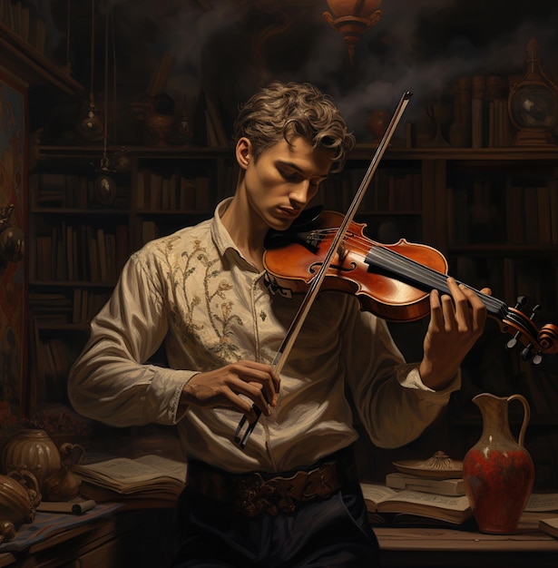 мужчина играет на скрипке перед книгой с изображением мужчины, играющего на скрипке.