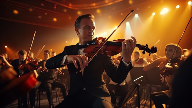 a man playing a violin in front of a stage with other musicians in the background