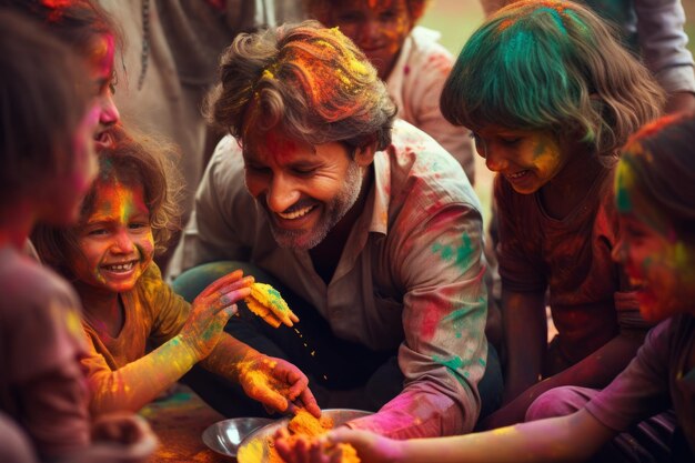 Мужчина играет с детьми на индийском фестивале Холи