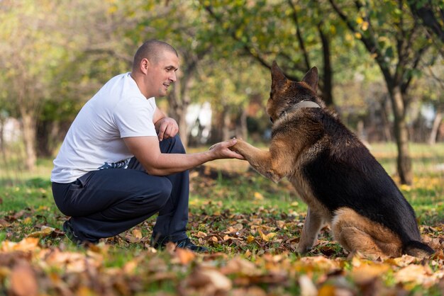 公園で犬のジャーマンシェパードと遊ぶ男