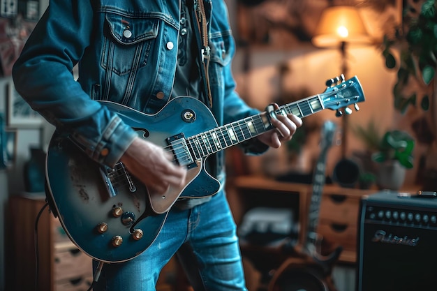 A man plays an electric guitar at home