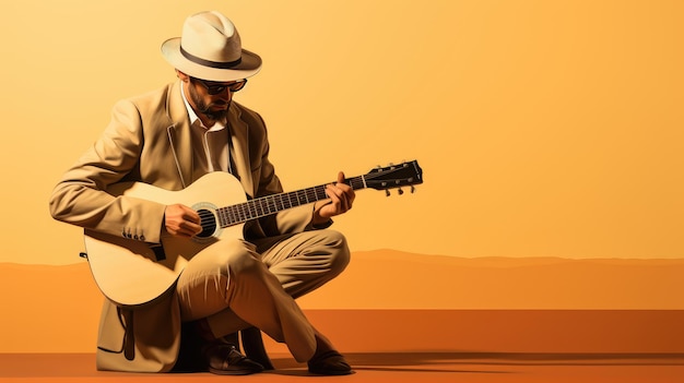 A man plays a guitar in an orange desert.